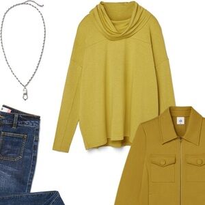 CAbi Green Yellow Cowl Neck Casual Long Sleeve Top Size Small Style #4193